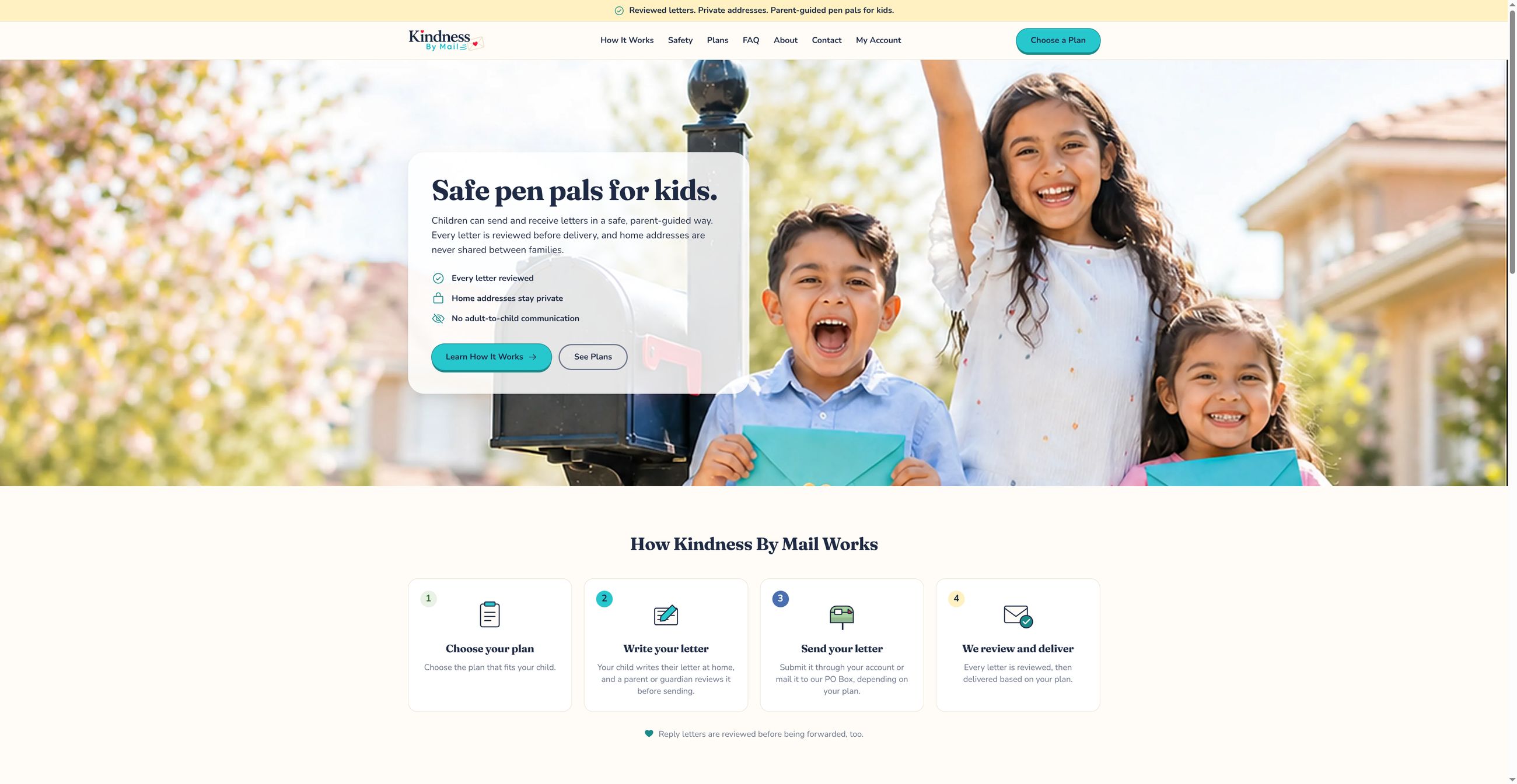 The Kindness By Mail homepage, with three children holding letters beside a mailbox and the four steps of how the service works below.